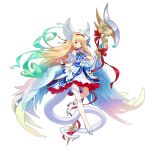  1girl angel_wings artist_request blonde_hair blue_dress blue_eyes detached_sleeves dragalia_lost dress flower full_body gradient_hair high_heels holding holding_weapon jeanne_d&#039;arc_(dragalia_lost) multicolored_hair nail_polish non-web_source official_art shoulder_armor tail thighhighs weapon wings 