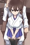  1girl admiral_(kantai_collection) brown_eyes brown_hair commentary dated from_above highres japanese_clothes jewelry kaga_(kantai_collection) kantai_collection looking_at_viewer mku ring side_ponytail sitting sitting_on_lap sitting_on_person sweatdrop thighhighs wedding_band 