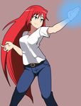  aozaki_aoko aura bad_id bad_pixiv_id blue_eyes breasts cowboy_shot denim glowing glowing_hand jeans long_hair medium_breasts melty_blood pants red_hair saka_i_hirokadu shirt smile solo t-shirt tsukihime very_long_hair 