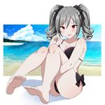  barefoot bikini blush breasts drill_hair feet highres idolmaster idolmaster_cinderella_girls kanzaki_ranko large_breasts leg_hug muramura open_mouth red_eyes silver_hair sitting soles solo swimsuit twin_drills twintails 