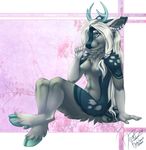  anthro antlers black_nose blue_eyes breasts cervine deer ear_piercing female fur hair hair_tie hooves horn mammal nipples piercing ravebinx sitting solo tressa tuft white_hair 