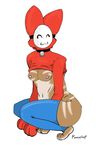  :3 animal_ears anthro bell breasts cat cat_ears cat_paws clothed clothing collar eyes_closed feline female half-dressed hood legwear mammal mario_bros mask nintendo nipples paws plain_background pomutop shygirl shyguy shykitty solo stockings stripes video_games 