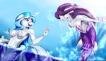  2015 absurd_res anthro anthrofied bat_pony blue_eyes blue_hair blumagpie breasts cleavage clothed clothing duo equine fan_character female glowing green_eyes hair hi_res horn mammal marine meremaid my_little_pony navel purple_hair seahorse seashell shell slit_pupils starfish unicorn water 