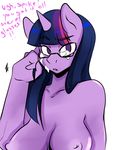  anthro anthrofied areola breasts cum cum_on_face english_text equine erect_nipples eyewear friendship_is_magic fur glasses hair horn horse inuyuru looking_at_viewer mammal my_little_pony nipples nude plain_background pony purple_fur purple_hair solo teeth text twilight_sparkle_(mlp) two_tone_hair white_background 
