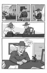  black_and_white bovine chris_mckinley clothed clothing comic computer english_text feline hat lagomorph leopard male mammal monochrome text 