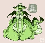  2015 3_toes big_eyes breasts dragon female green_scales half-closed_eyes horn open_mouth plain_background reptile saliva scalie shyguy9 sitting solo text toes tongue tongue_out wide_hips wings 
