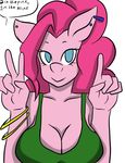  5_fingers anthro anthrofied blue_eyes breasts clothing ear_piercing english_text equine female friendship_is_magic fur hair horse inuyuru looking_at_viewer mammal my_little_pony no_pupils piercing pink_fur pink_hair pinkie_pie_(mlp) plain_background pony smile solo text white_background wristband 