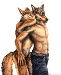  2015 abs anthro belt black_fur brown_eyes brown_fur canine claws clothed clothing coyote duo fur half-dressed jeans kenket looking_back male male/male mammal nude plain_background smile topless white_background white_fur 