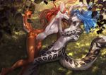  2015 anthro blue_hair breasts canine duo eye_contact feline female hair leopard lying mammal nude smile snow_leopard whiskers wildering 