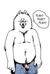  anthro belly boxers canine clothed clothing dog english_text erection eyewear glasses half-dressed male mammal overweight partially_clothed penis samoyed smile solo text tongue tongue_out topless underwear voln 
