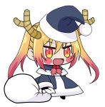  bangs blue_santa_costume chibi christmas dragon_girl dragon_horns eyebrows_visible_through_hair full_body gift_bag gradient_hair hair_between_eyes happy hat horns kobayashi-san_chi_no_maidragon long_hair mikuru.beam multicolored_hair open_mouth orange_eyes padoru santa_costume santa_hat simple_background slit_pupils smile solo standing tooru_(maidragon) twintails white_background 