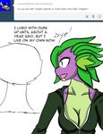  anthro anthrofied breasts clothing crossgender dragon english_text female friendship_is_magic green_eyes inuyuru looking_back my_little_pony no_pupils outside plain_background scalie solo spike_(mlp) text tongue tree tumblr white_background 