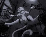  2015 anus avian beak butt complex_background computer fallout fallout_equestria fan_character female feral gryphon hindpaw interior low-angle_shot lucky_dragoness monochrome my_little_pony paws pussy rear_view solo spread_legs spreading talons wings 