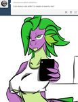  anthro anthrofied areola breasts clothed clothing crossgender dragon english_text female friendship_is_magic green_eyes half-closed_eyes half-dressed inuyuru looking_at_viewer my_little_pony nipples no_pupils phone plain_background scalie selfie shirt simple_background smile solo spike_(mlp) tank_top text tumblr white_background 