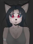  anthro black_nose black_sclera cleavage clothed clothing fangs feline female hi_res howl_echoes lynx mammal markings red_eyes solo text 