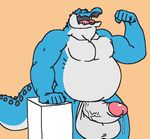  alligator anthro balls belly big_balls big_penis blue_skin erection flexing hyper male muscles open_mouth overweight penis precum reptile scalie solo teeth tongue vein voln 