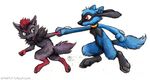  ambiguous_gender canine collar digitigrade duo fox green_eyes hand_holding kenket mammal neck_fluff nintendo open_mouth pawpads paws plain_background pok&eacute;mon red_eyes riolu running tongue video_games white_background zorua 