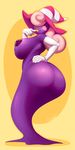  2015 big_breasts big_butt breasts butt buxbi clothing elbow_gloves female gloves hair hand_on_hip hat mario_bros nintendo not_furry paper_mario pink_hair pinup plain_background pose purple_skin simple_background solo video_games vivian wide_hips witch_hat yellow_background 