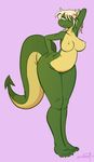  2015 5_toes blonde_hair blue_eyes breasts dragon female green_scales hair lips nipples nude plain_background pose reptile scalie shyguy9 solo toes wide_hips yellow_scales 