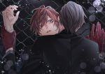  blush brown_hair chain-link_fence crying fence formal gloves green_eyes hypnosis_mic iruma_juuto kannonzaka_doppo multiple_boys night pinned_down red_hair restrained scared suit tears yaoi 