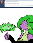  anthro anthrofied breasts clothing crossgender dragon english_text eyes_closed female fire friendship_is_magic inuyuru marshmallow my_little_pony open_mouth plain_background scalie solo spike_(mlp) text tumblr white_background 