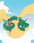  &lt;3 2014 ambiguous_gender blush clothed clothing cloud dragon duo flying green_scales human male mammal reptile scalie shyguy9 size_difference sky smile snake wings yellow_scales 
