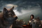  black_hair black_nose brown_fur canine clothing cloud female feral fur goodwolf group hair human landscape latex_(artist) looking_at_viewer mammal mountain orange_eyes outside raining storm_clouds wolf 