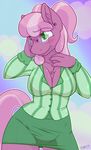  2015 anthro anthrofied breasts cheerilee_(mlp) chest_fur chest_tuft cleavage clothed clothing equine eyewear female friendship_is_magic fur glasses green_eyes hair horse mammal miniskirt my_little_pony nipple_bulge piercing pony ponytail purple_hair skoon solo tuft 