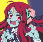  ahoge alcard1113 bow commentary_request forehead_scar hair_bow highres long_hair looking_at_viewer minamoto_sakura open_mouth outstretched_arms polka_dot red_eyes red_hair scar school_uniform solo zombie zombie_land_saga zombie_pose 