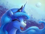  2015 blue_hair crown equine eyes_closed female friendship_is_magic hair horn mammal moon my_little_pony outside portrait princess_luna_(mlp) sky smile solo sparkles tree viwrastupr winged_unicorn wings 