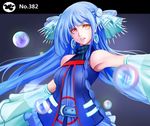  asymmetrical_hair belt blue_hair bow braid bubble detached_sleeves earrings eyebrows_visible_through_hair gen_3_pokemon hair_bow jewelry kyogre long_hair mr._j.w number personification pokemon pokemon_number solo yellow_eyes 