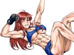  abs breasts brown_hair character_request covered_nipples destro_246 dynamite-kit fingerless_gloves gloves grin large_breasts long_hair mixed_martial_arts muscle muscular_female reclining red_eyes sakura_nanten shorts smile solo sports_bra underboob 
