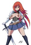  1girl armor belt bigdead93 breasts erza_scarlet fairy_tail nipples red_eyes red_hair skirt sword weapon 