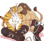 abs anthro biceps big_muscles boots chest_tuft clothed clothing eyes_closed feline fur giraffe_(artist) half-dressed lion male male/male mammal muscles paws pecs solo tiger topless tuft wristband 