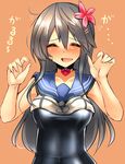  :d ^_^ alternate_costume breasts choker closed_eyes collarbone cosplay facing_viewer fang flower grey_hair hair_flower hair_ornament hairclip haruna_(kantai_collection) heart_lock_(kantai_collection) highres jewelry kantai_collection large_breasts long_hair open_mouth paw_pose ring ro-500_(kantai_collection) school_swimsuit school_uniform serafuku simple_background sketch smile solo swimsuit swimsuit_under_clothes translated tsukui_kachou wedding_band 