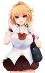  :d arano_oki bag blonde_hair blush bra breasts highres lace lace-trimmed_bra large_breasts looking_at_viewer open_mouth original red_eyes school_bag school_uniform see-through short_sleeves simple_background skirt smile solo tsurime underwear white_background 