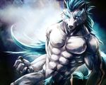  abs anthro biceps canine claws clothed clothing fur glowing half-dressed male mammal muscles paws pecs sky_(artist) solo topless tuft wolf 