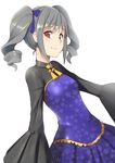  brown_eyes dress drill_hair dutch_angle hair_ribbon idolmaster idolmaster_cinderella_girls kamata_yuuya kanzaki_ranko ribbon silver_hair smile solo turtleneck twin_drills 