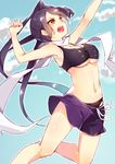  absurdres bikini black_hair breasts brown_eyes highres jumping kantai_collection large_breasts long_hair nachi_(kantai_collection) navel nonomaro open_mouth sarong scarf shiny shiny_skin side_ponytail sketch solo swimsuit underboob 