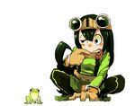  :&gt; animal asui_tsuyu bad_id bad_pixiv_id belt black_eyes black_hair blush_stickers bodysuit boku_no_hero_academia brown_gloves finger_to_mouth frog frog_girl gloves goggles goggles_on_head green_bodysuit hair_ribbon harape highres long_hair low-tied_long_hair ribbon solo squatting tongue tongue_out uneven_eyes 