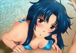  1girl absurdres ass beach bikini blue_hair blush breast_press breasts brown_eyes chidori_kaname cleavage erect_nipples from_above full_metal_panic! highres large_breasts long_hair looking_at_viewer ocean sand solo_focus standing sweat swimsuit water yadokari_genpachirou 