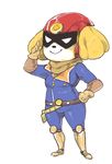  animal_ears bodysuit captain_falcon captain_falcon_(cosplay) company_connection cosplay crossover dog_ears dog_girl doubutsu_no_mori f-zero furry gloves helmet inkerton-kun salute shizue_(doubutsu_no_mori) smile solo 