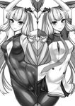  alternate_costume armpits arms_up bangs bare_arms blunt_bangs blush bodysuit breasts cleavage cleavage_cutout covered_nipples dress gloves greyscale hair_ribbon headgear kantai_collection long_hair looking_at_viewer monochrome murakumo_(kantai_collection) necktie nipples pantyhose remodel_(kantai_collection) ribbon rindou_(radical_dream) sailor_dress small_breasts smile solo tress_ribbon 