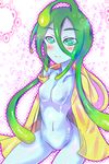  ahoge bad_id bad_pixiv_id blue_skin blush breasts cowboy_shot goo_girl green_eyes green_hair long_hair monster_girl monster_musume_no_iru_nichijou naked_coat navel no_nipples raincoat rao_(artist) small_breasts smile solo suu_(monster_musume) tentacle_hair very_long_hair 