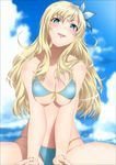  1girl absurdres bikini blonde_hair blue_eyes blush boku_wa_tomodachi_ga_sukunai breast_squeeze breasts cloud clouds female highres kashiwazaki_sena large_breasts legs long_hair looking_at_viewer open_mouth sitting sitting_on_person sky smile solo sweat swimsuit thighs yadokari_genpachirou 