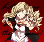  blonde_hair english foreshortening green_eyes grin hair_ornament hairclip hand_on_hip highres long_hair nail_polish one_eye_closed persona persona_5 reaching red_background red_nails saichuu_(more1208) smile solo takamaki_anne twintails wavy_hair 