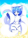  animal_ears blue_eyes blue_hair blush breast_hold breasts commentary_request fox_ears fox_tail furry holding_tail kneeling looking_at_viewer medium_breasts multiple_tails navel nude open_mouth original short_hair sky smile solo striped syane_(schnell854) tail 