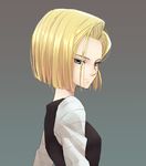  ammonio android_18 bangs blonde_hair blue_eyes bob_cut dragon_ball dragon_ball_z expressionless grey_background parted_bangs short_hair simple_background solo 