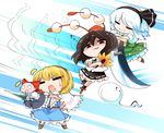  3girls :3 alice_margatroid bald bald_girl black_hair blonde_hair capelet commentary_request fan feather_fan hairband hat kashuu_(b-q) katana kimeemaru konpaku_youmu konpaku_youmu_(ghost) lance multiple_girls open_mouth polearm ribbon shameimaru_aya shanghai_doll short_hair silver_hair skirt smile sword tokin_hat touhou weapon 