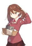  bangs basket blanket blush brown_eyes brown_hair closed_mouth duoyuanjun flat_chest hair_down hair_half_undone hair_tie hand_up headwear_removed highres holding japanese_clothes kantai_collection long_hair long_sleeves looking_at_viewer magatama miniskirt pulled_by_self pulling ribbon_trim ryuujou_(kantai_collection) simple_background skirt solo tassel uneven_eyes visor_cap white_background 